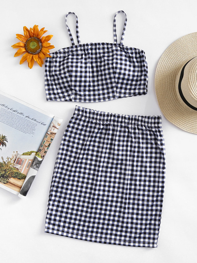 Checked Crop Cami Top With Skirt