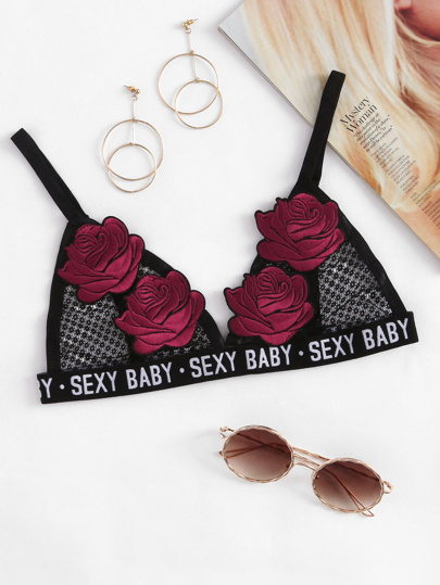 Slogan Print Embroidered Rose Bralette
