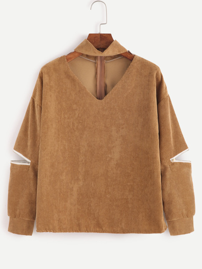 Blusa de pana con escote V y cremallera en manga - kaki