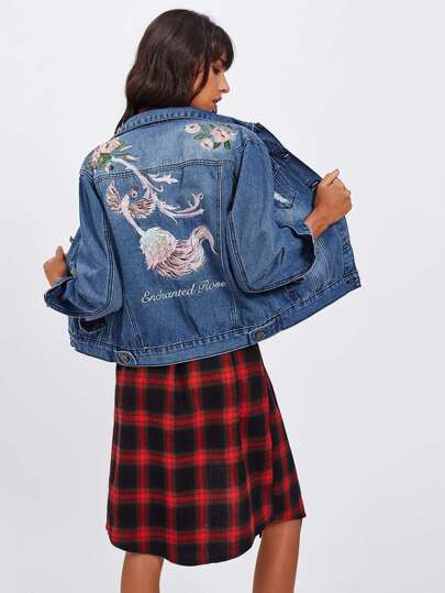 Jeans Jacke mit Rose Stickereien und Rissen