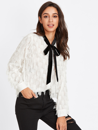 Contrast Tied Neck Allover Fringe Top