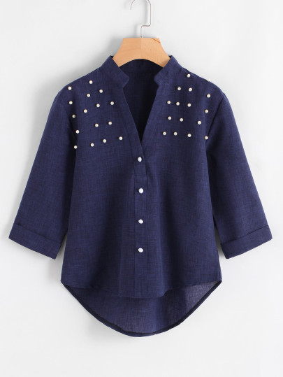 Pearl Detail Cuffed Dip Hem Top