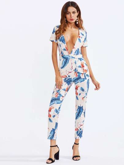 Plunging V-neckline Floral Printed Random Jumpsuit