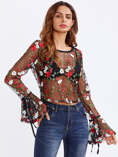 Tied Bell Cuff Botanical Embroidered Mesh Top