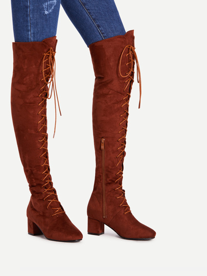 Lace Up Front Side Zipper Thigh High Boots