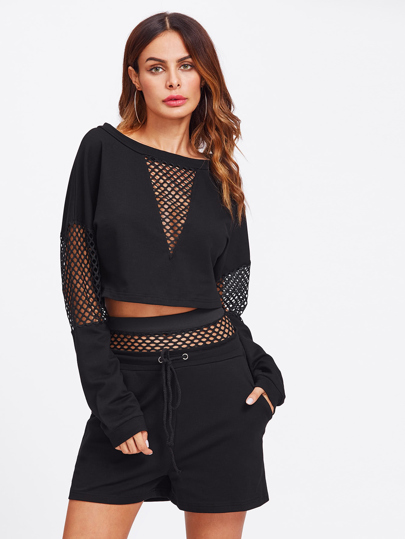 Mesh Inset Crop Top With Drawstring Shorts