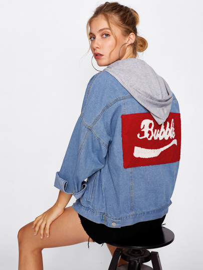 Jeans Jacke mit Flicken hinten und sehr tief angesetzter Schulterpartie