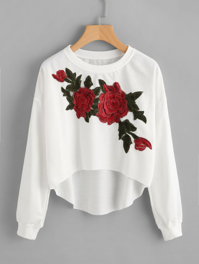 3D Flower Patch Curved Dip Hem Sweatshirt
