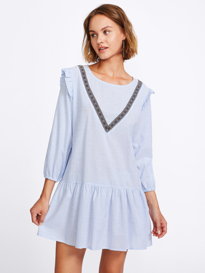 Embroidered Tape Detail Frilled Pinstripe Smock Dress