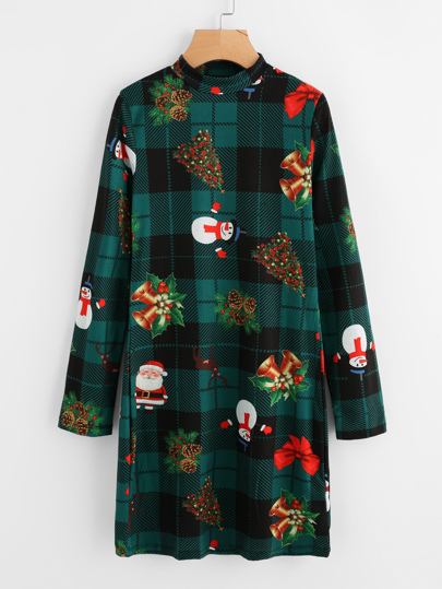 Mock Neck Christmas Print Dress