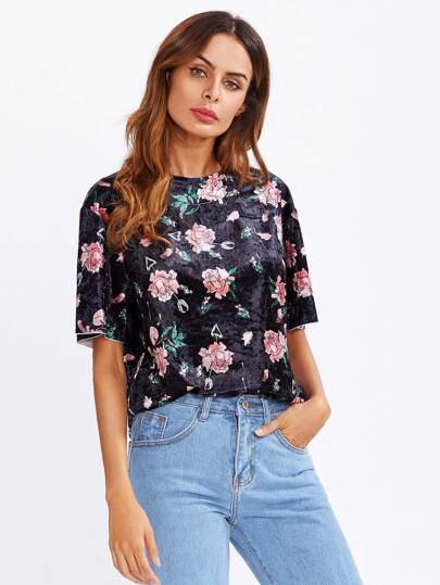 Flower Print Velvet Top