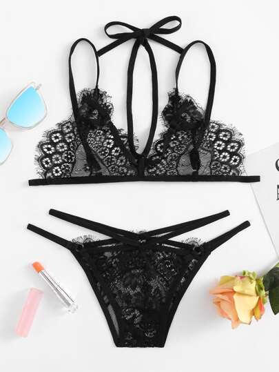 Eyelash Lace Strappy Lingerie Set