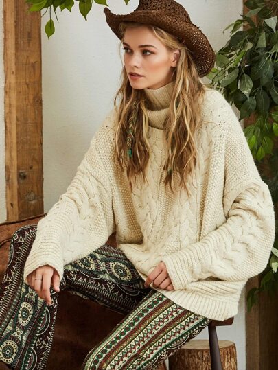 High Neck Cable Knit Sweater