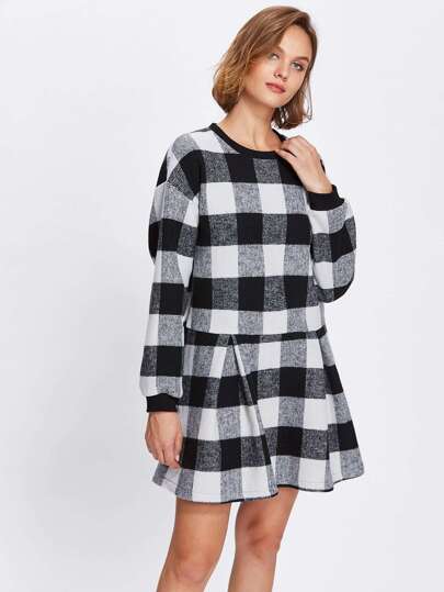 Drop Shoulder Gingham Fold Pleat Hem Dress