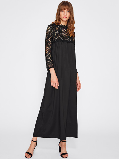 Lace Crochet Yoke And Sleeve Zipper Back Dress