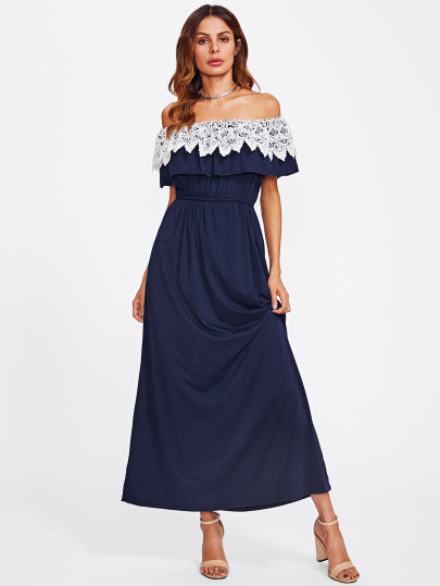 Lace Crochet Flounce Layered Neckline Dress