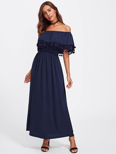 Flounce Layered Neckline Tassel Hem Dress