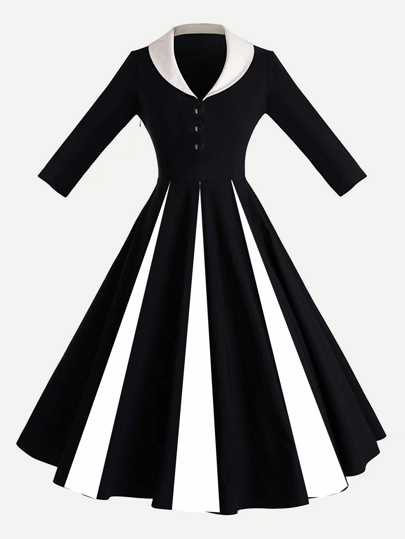 Contrast Panel Shawl Collar Fit & Flare Dress