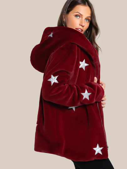 Star Print Faux Fur Hoodie Coat