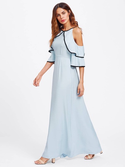 Flounce Open Shoulder Bell Sleeve Contrast Binding Dress
