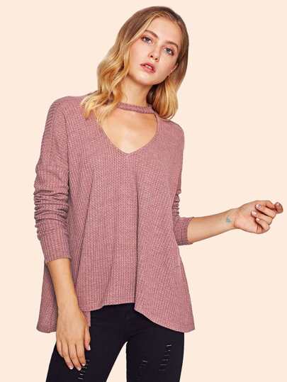 Choker Neck Asymmetric Waffle Knit Tee