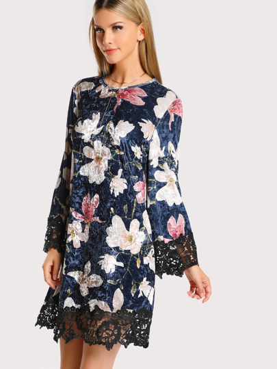 Vestido floral de terciopelo con ribete de encaje en contraste