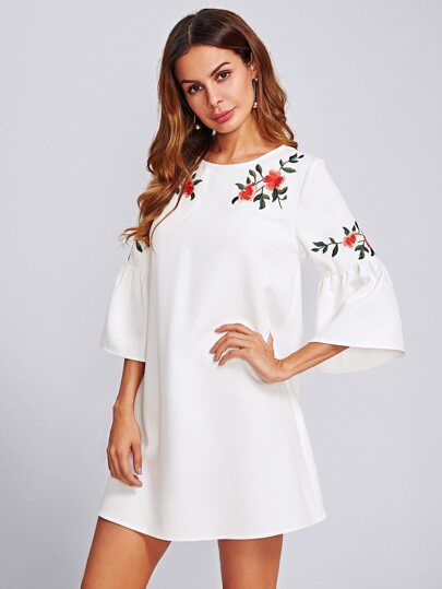 Trumpet Sleeve Flower Embroidered Dress