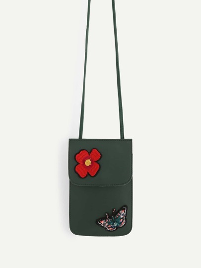 Flower & Butterfly Appliques PU Pouch Bag