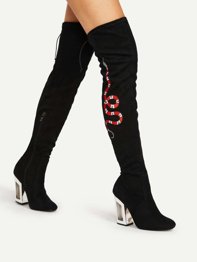 Snake Embroidery Lace Up Back Over Knee Boots