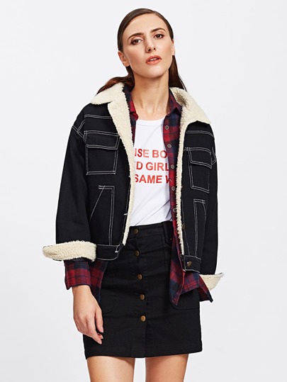 Topstitch Denim Contrast Faux Shearling Jacket