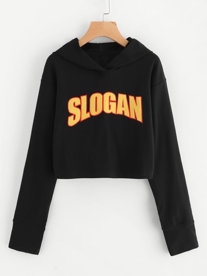 Sweat encapuchonné court brodé avec manchette divisé