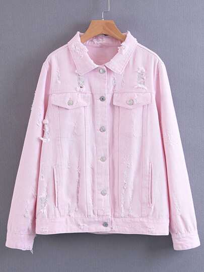 Button Up Ripped Denim Jacket