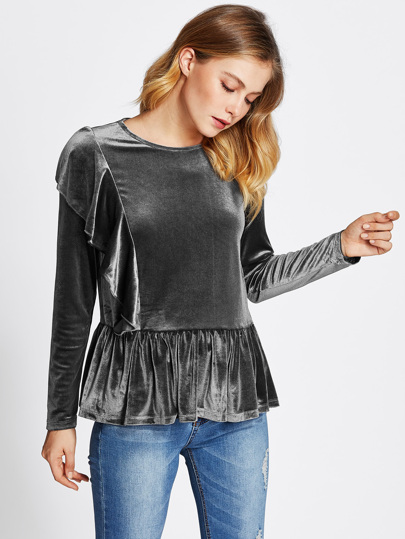 Flounce Trim Velvet Peplum Top