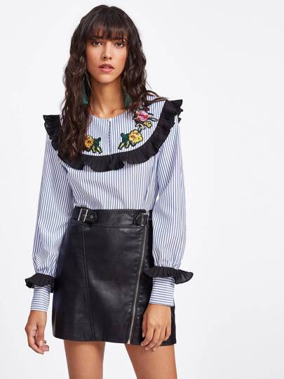 Frill Detail Embroidered Patch Striped Blouse