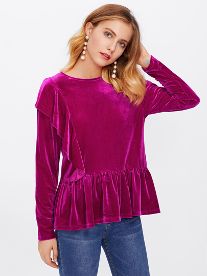 Flounce Trim Velvet Smock Top