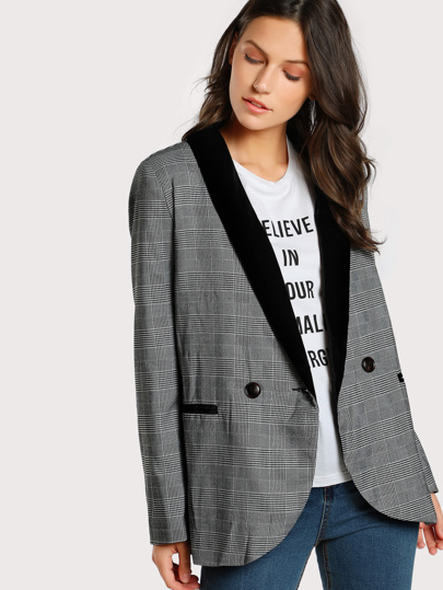 Blazer col en châle en velours à carreaux