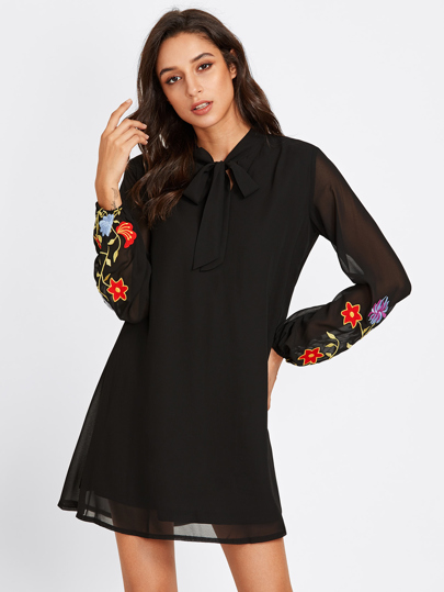 Bow Tie Neck Flower Embroidered Dress