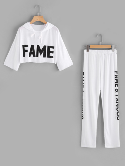 Letter Print Crop Hoodie And Pants Set