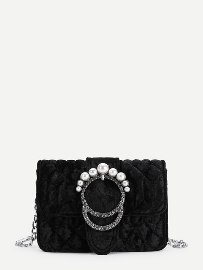 Faux Pearl Buckle Design Velvet Chain Bag