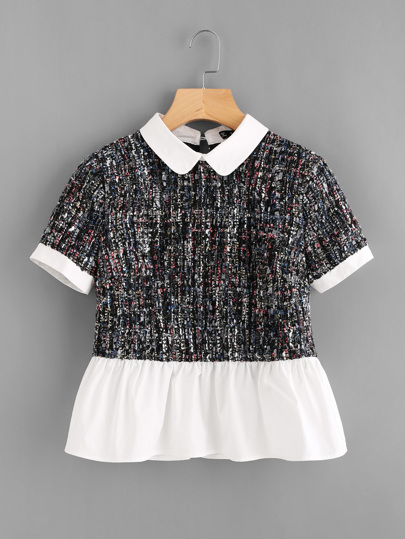 Mixed Media Frilled 2 In 1 Tweed Blouse