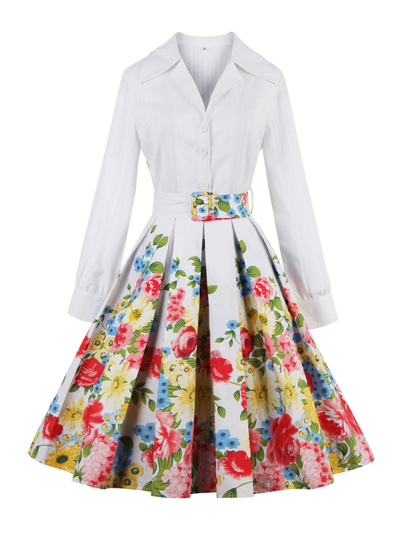 Revere Collar Belted Florals Circle Dress