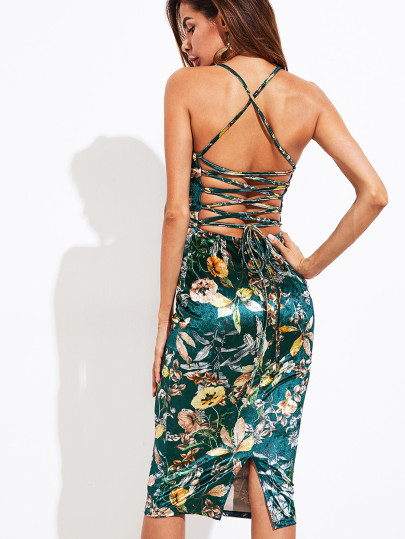 Samt Cami Kleid mit Band hinten und Pflanzenmuster