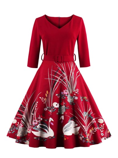 Vestido círculo con estampado de dibujo con cinturón
