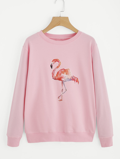 Flamingo Print Drop Shoulder Pullover