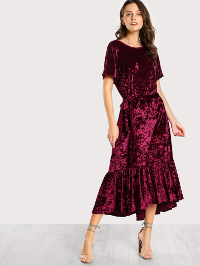 V Back Ruffle Dip Hem Crushed Velvet Dress