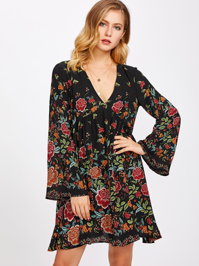 Fluted Sleeve Split Back Botanical Dress