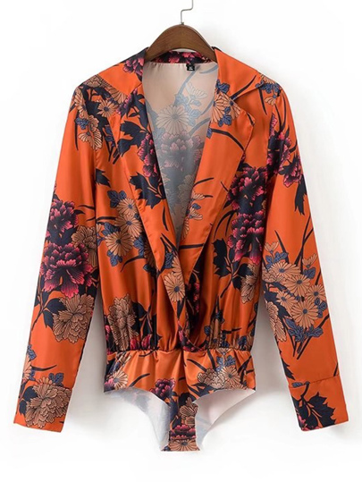 Flower Print Plunge Neckline Blouse Bodysuit