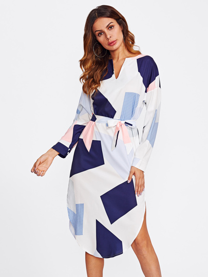 V Cut Dolphin Hem Belted Dress