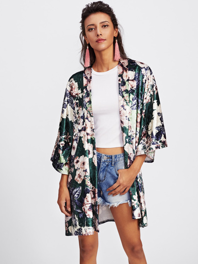 Open Front Floral Velvet Coat