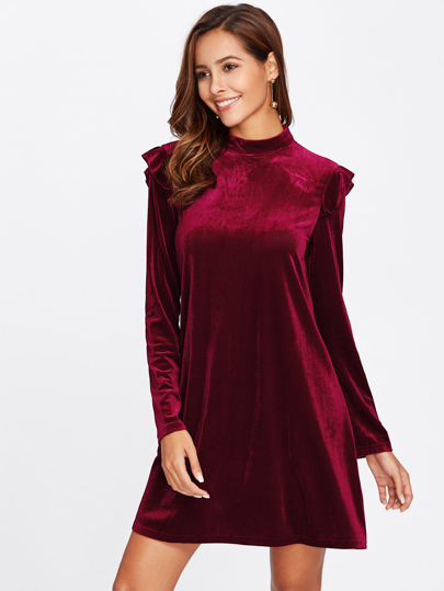 Mock Neck Frill Detail Velvet Dress